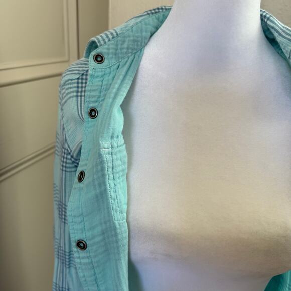 American Eagle Pearl Snap Plaid Shirt Navy Aqua Long Sleeve Size 2 Y2K Grunge - Picture 6 of 8